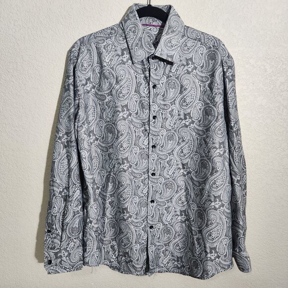 Tasso Elba Shirt Mens Large Gray Paisley Long Sleeve Button Up FLAWS - Picture 1 of 13